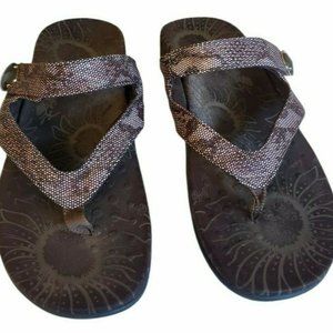 Vionic Orthaheel Cocoa bronze snake print flipflop